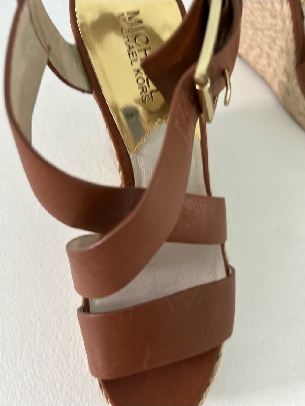MICHAEL Michael Kors Brown Leather Espadrille Wedge Sandals with Gold Buckle - Picture 7 of 8